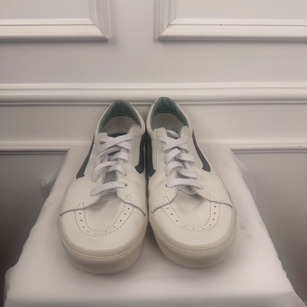 Vans Sk8-Low Reissue White Leather Green Stripe Mens 12 Low Top Sneakers